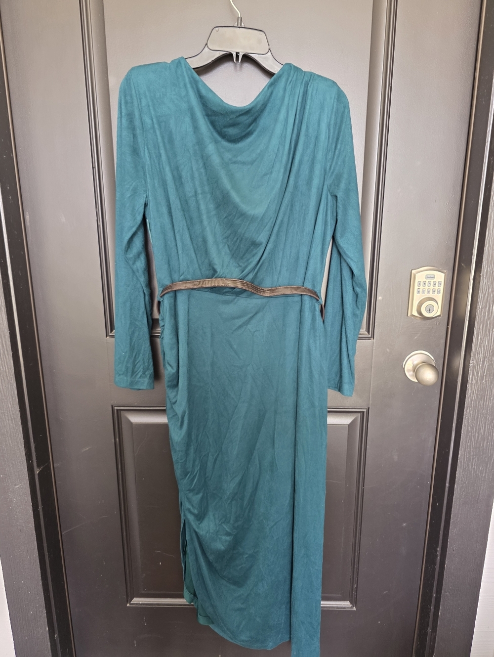 Donna Karan New York Teal Draped Dress Sz 16 Long Sleeve Belted Midi Sheath NWT - Picture 12 of 13